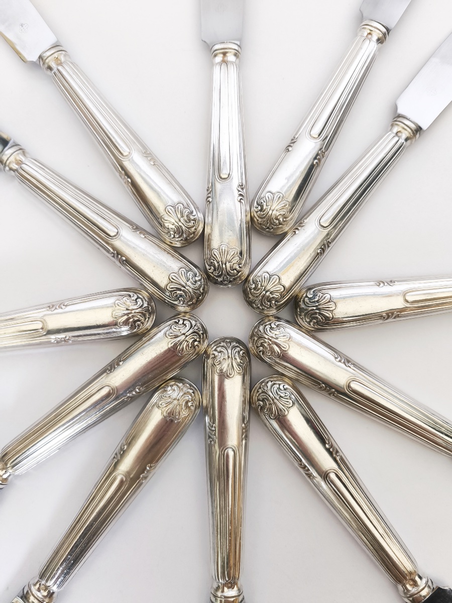 Christofle X Cardeilhac: Twelve Solid Silver And Stainless Steel Table Knives; Sceaux Model-photo-2