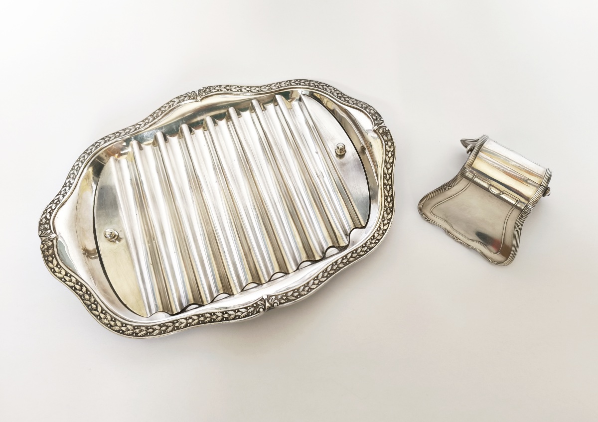 Puiforcat & Cailar Bayard: Silver-plated Asparagus Serving Dish And Tongs, St. Louis XVI Style-photo-3