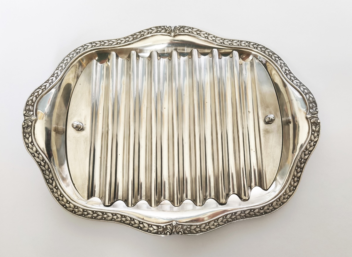 Puiforcat & Cailar Bayard: Silver-plated Asparagus Serving Dish And Tongs, St. Louis XVI Style-photo-4