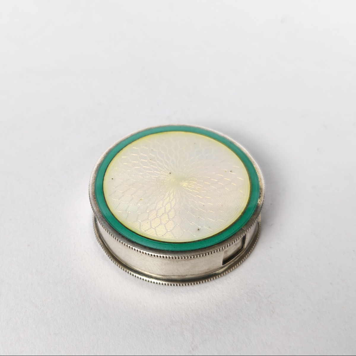 A Box For Candies, Sweets, Or Pills Made Of Solid Silver, Featuring A Guilloché Pattern, Enamel, And Vermeil. 