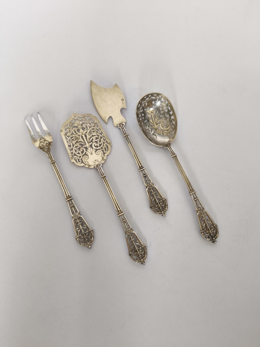 Puiforcat: Exquisite Solid Silver And Vermeil Dessert Set, “ferrure” Model. 19th Century-photo-2