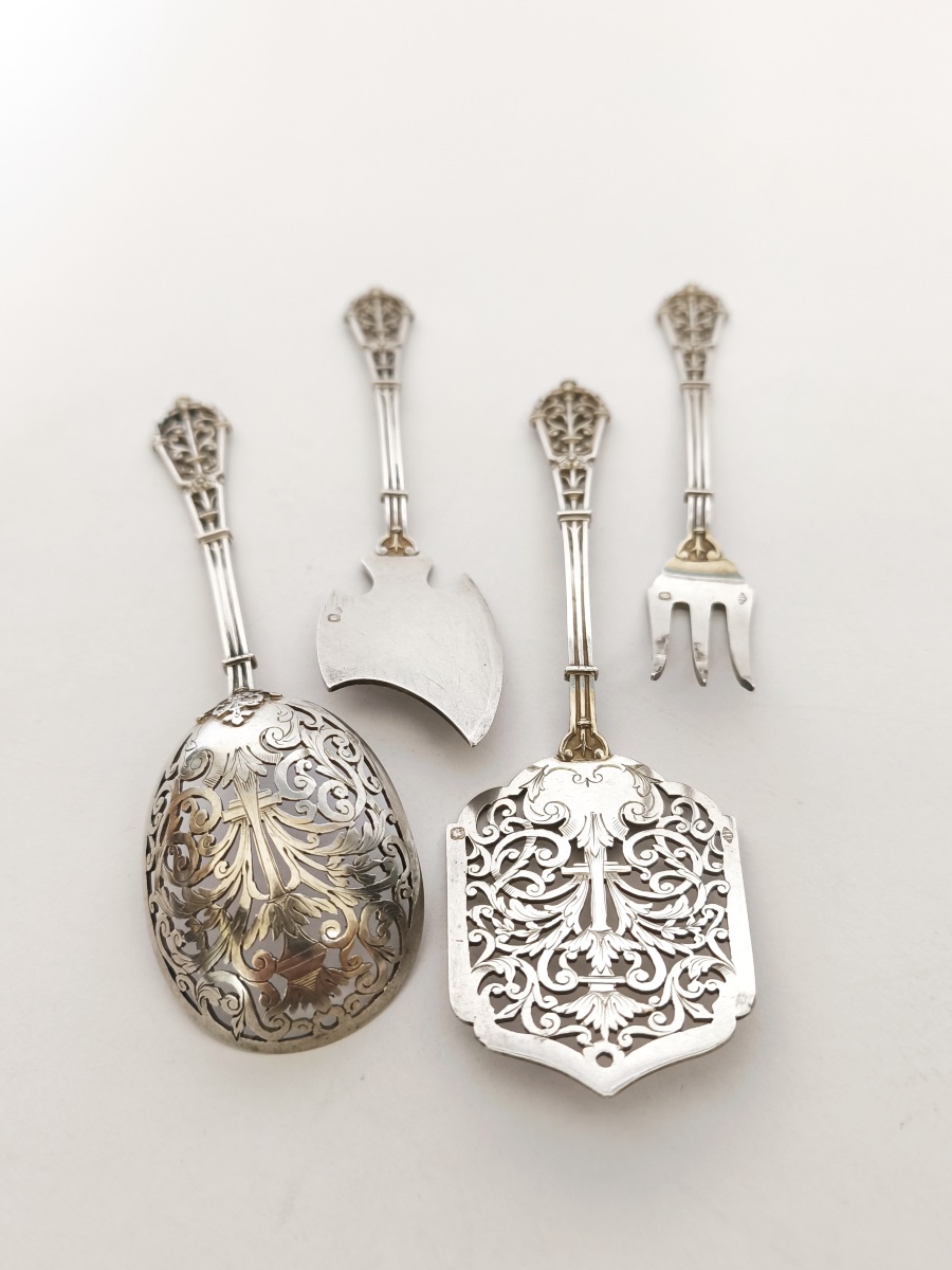 Puiforcat: Exquisite Solid Silver And Vermeil Dessert Set, “ferrure” Model. 19th Century-photo-5
