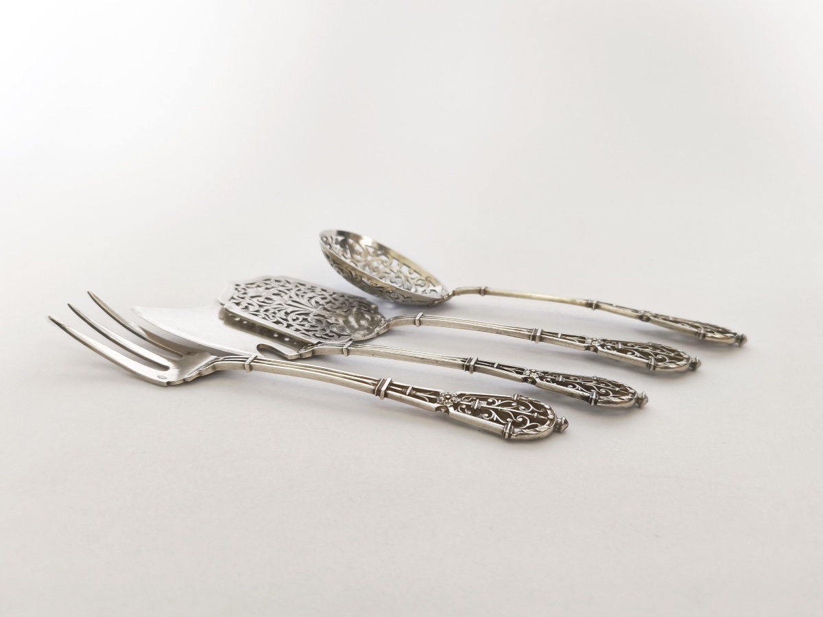 Puiforcat: Exquisite Solid Silver And Vermeil Dessert Set, “ferrure” Model. 19th Century-photo-6