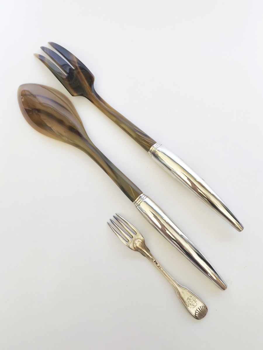 Very Large Salad Server Set Made Of Silver-plated Metal And Horn. 21st-century Piece. Italy? -photo-3