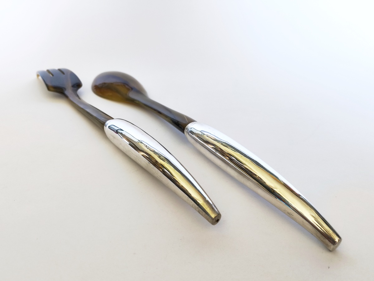 Very Large Salad Server Set Made Of Silver-plated Metal And Horn. 21st-century Piece. Italy? -photo-4