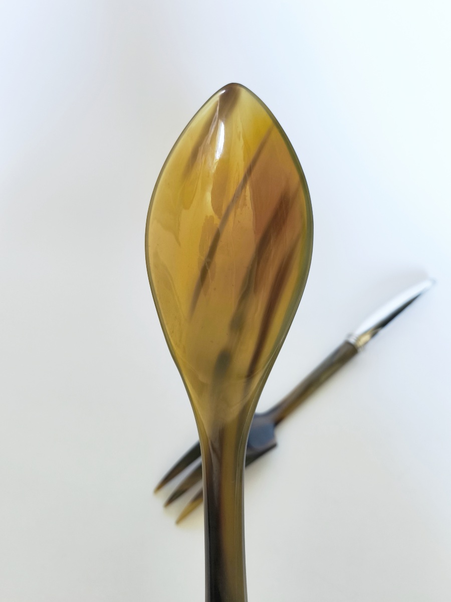 Very Large Salad Server Set Made Of Silver-plated Metal And Horn. 21st-century Piece. Italy? -photo-3