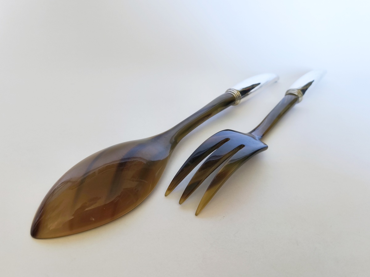 Very Large Salad Server Set Made Of Silver-plated Metal And Horn. 21st-century Piece. Italy? -photo-4