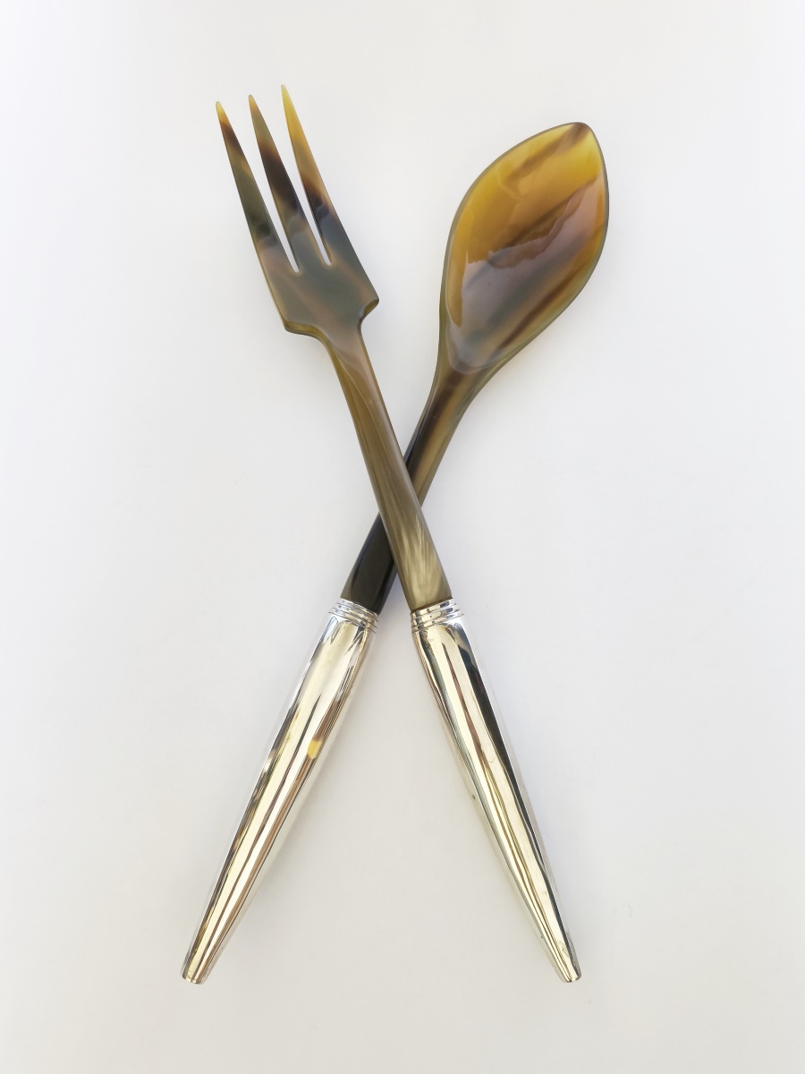 Very Large Salad Server Set Made Of Silver-plated Metal And Horn. 21st-century Piece. Italy? -photo-5