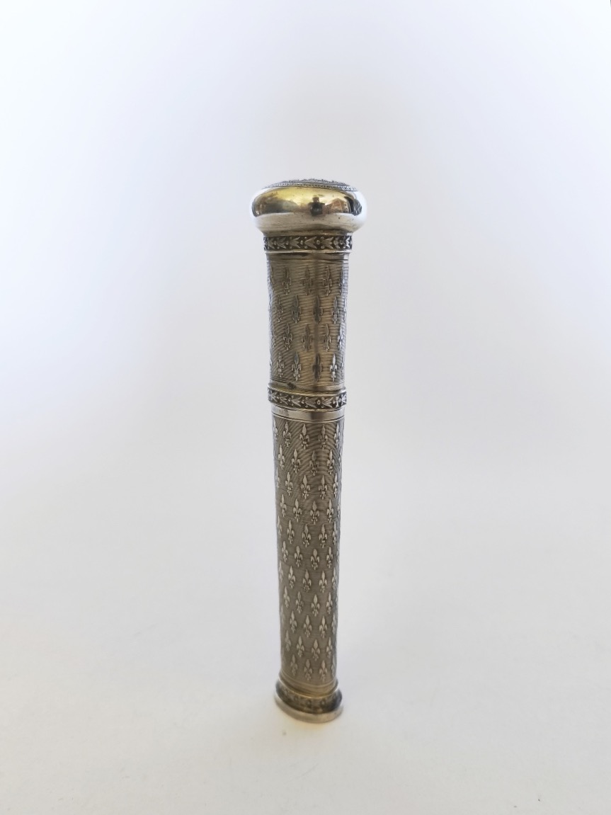 Large Wax Case / Message In Solid Silver & Vermeil, Seal. Fleur-de-lis Design. Roy Seal