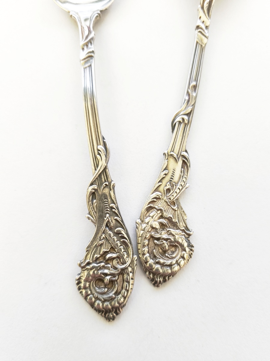Veyrat: Six Solid Silver Spoons, Decorated With A Chimera And A Neo-gothic Dragon. Late 19th Century-photo-4