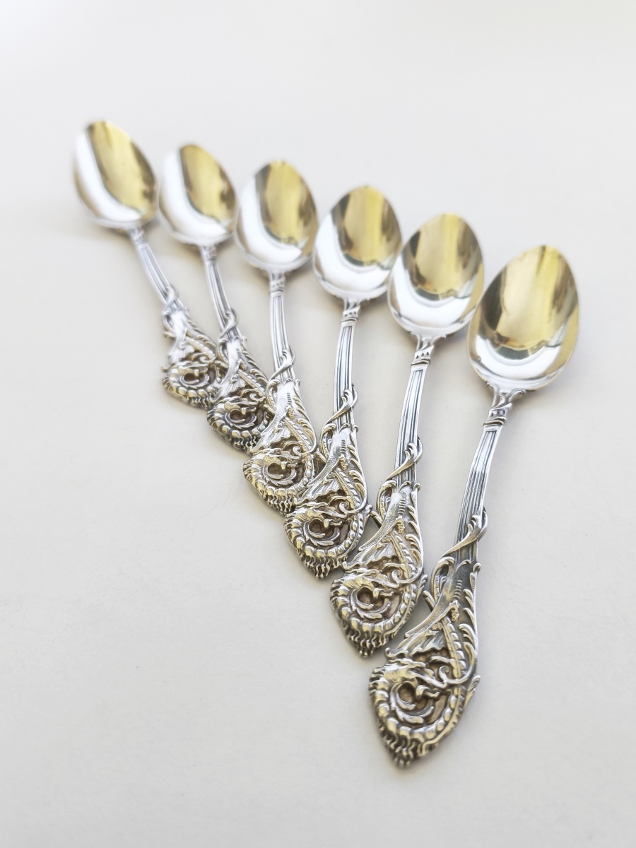 Veyrat: Six Solid Silver Spoons, Decorated With A Chimera And A Neo-gothic Dragon. Late 19th Century-photo-2