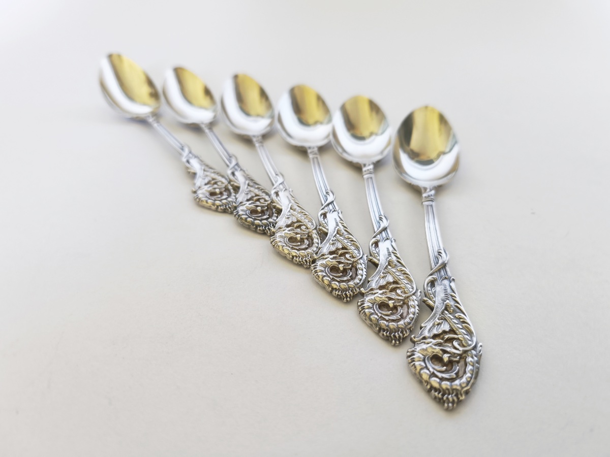 Veyrat: Six Solid Silver Spoons, Decorated With A Chimera And A Neo-gothic Dragon. Late 19th Century-photo-3