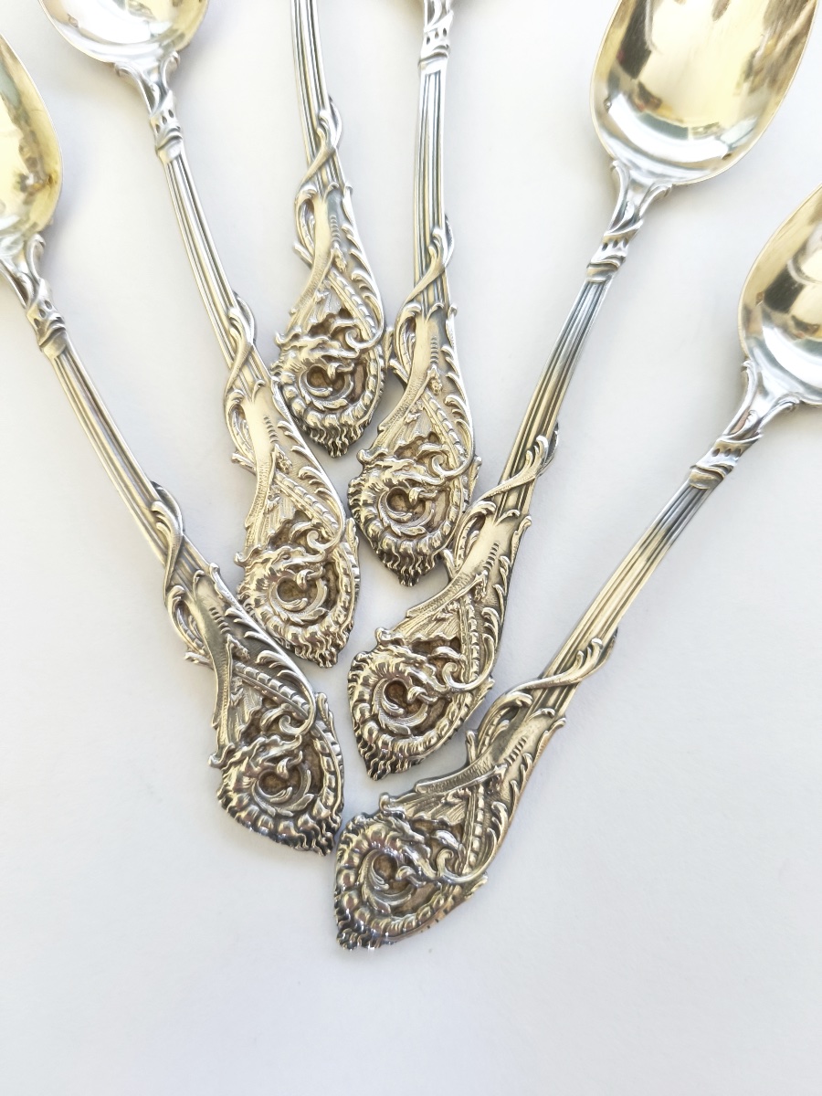 Veyrat: Six Solid Silver Spoons, Decorated With A Chimera And A Neo-gothic Dragon. Late 19th Century-photo-4