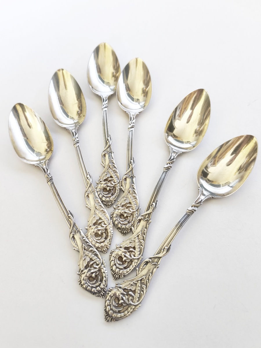 Veyrat: Six Solid Silver Spoons, Decorated With A Chimera And A Neo-gothic Dragon. Late 19th Century-photo-5