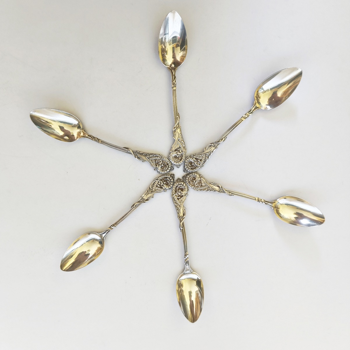 Veyrat: Six Solid Silver Spoons, Decorated With A Chimera And A Neo-gothic Dragon. Late 19th Century