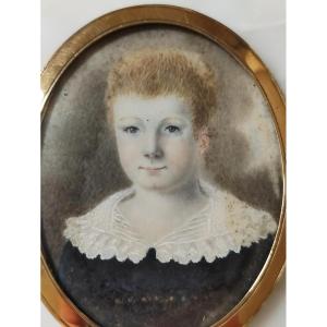 Charmant Portrait Miniature D’enfant Peinte, Cadre En Or. Milieu XIXe, Louis-philippe