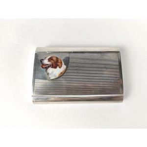 Huguenin: Superb Snuff Box In Sterling Silver, Vermeil St Bernard Dog Enamel. Enameled