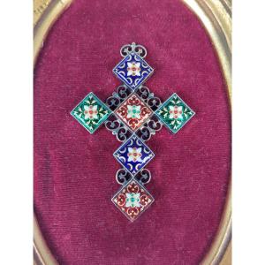 Large And Superb Cross In Bressans & Vermeil Enamels, 19th Century. Golden Leaf Frame.