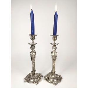 Superb Pair Of Candlesticks In Silvered Bronze, Women In Terms, Antique Style. Nineteenth Century.