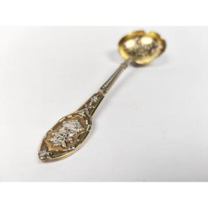 Soufflot (?): Sugar Shaker Spoon: Solid Silver & Vermeil, Mascaron Decoration. 19th Century