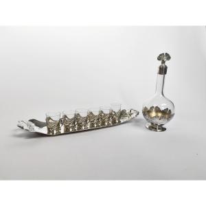 Gallia / Christofle : carafe & service à liqueur argenté. Modèle Ginkgo Epoque Art Nouveau. 