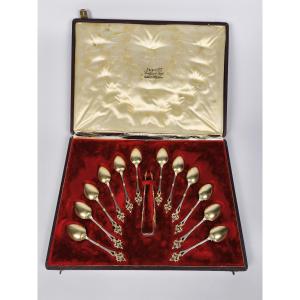 Soufflot : service à thé / café ; cuillères & pince argent massif et vermeil ajouré néogothique