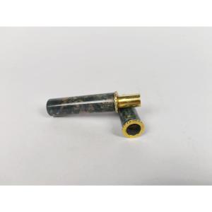  Etui tubulaire à cire ou message en agate mousse, jaspe sanguin & argent massif / vermeil XIXe