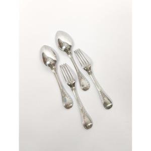 Christofle & Cardeilhac : deux couverts à entremet en argent massif. Modèle Brienne st. Empire