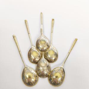 Set Of Large Caviar Spoons In Solid Silver And Russian Vermeil. Late 19th Century. 