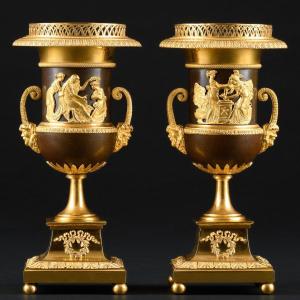 Exquisite Pair Of Gilt And Patinated Bronze Empire Medici Vases 