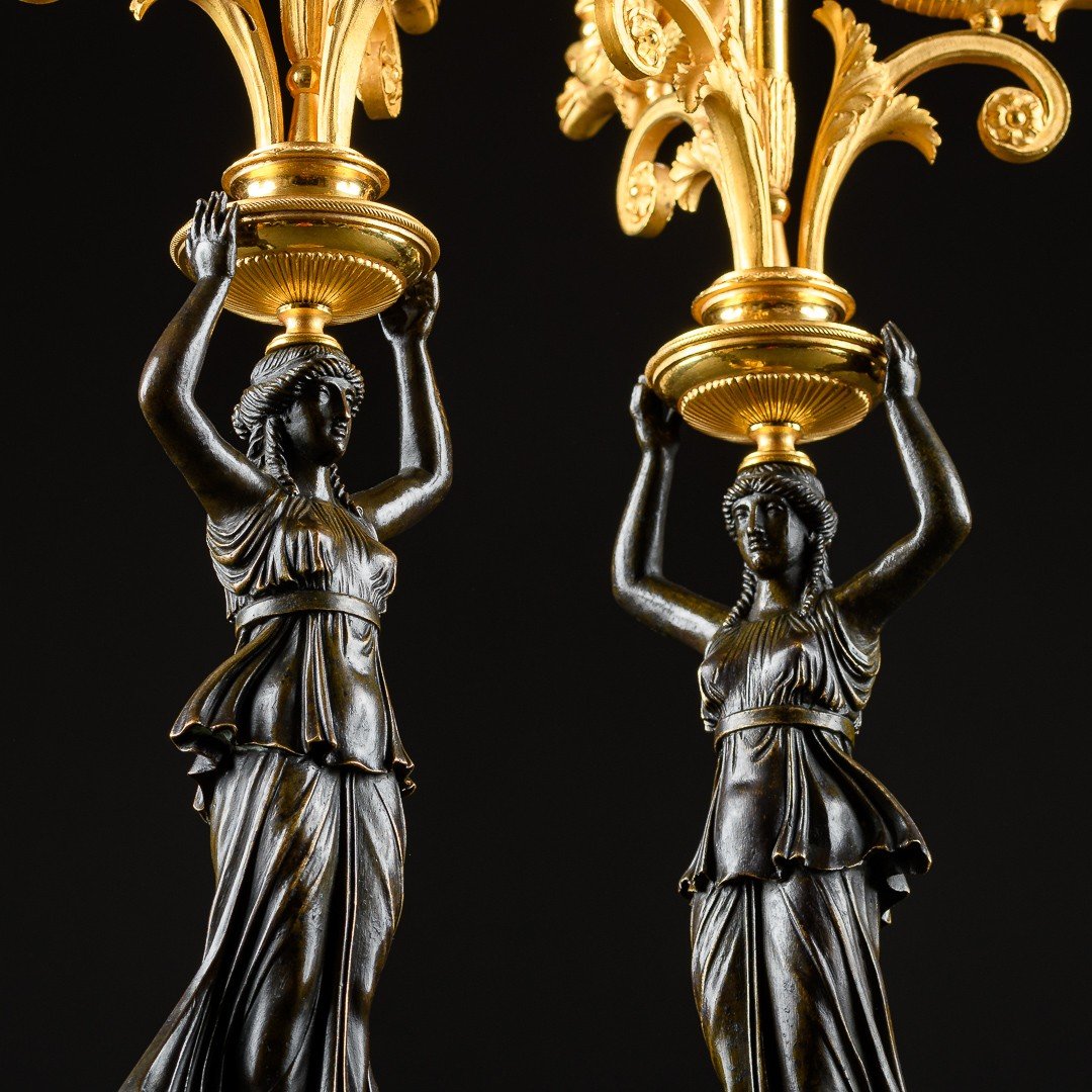 Claude Galle - Large Rare Pair Of Early Empire/cunsolat Period Candelabra With Caryatids -photo-3