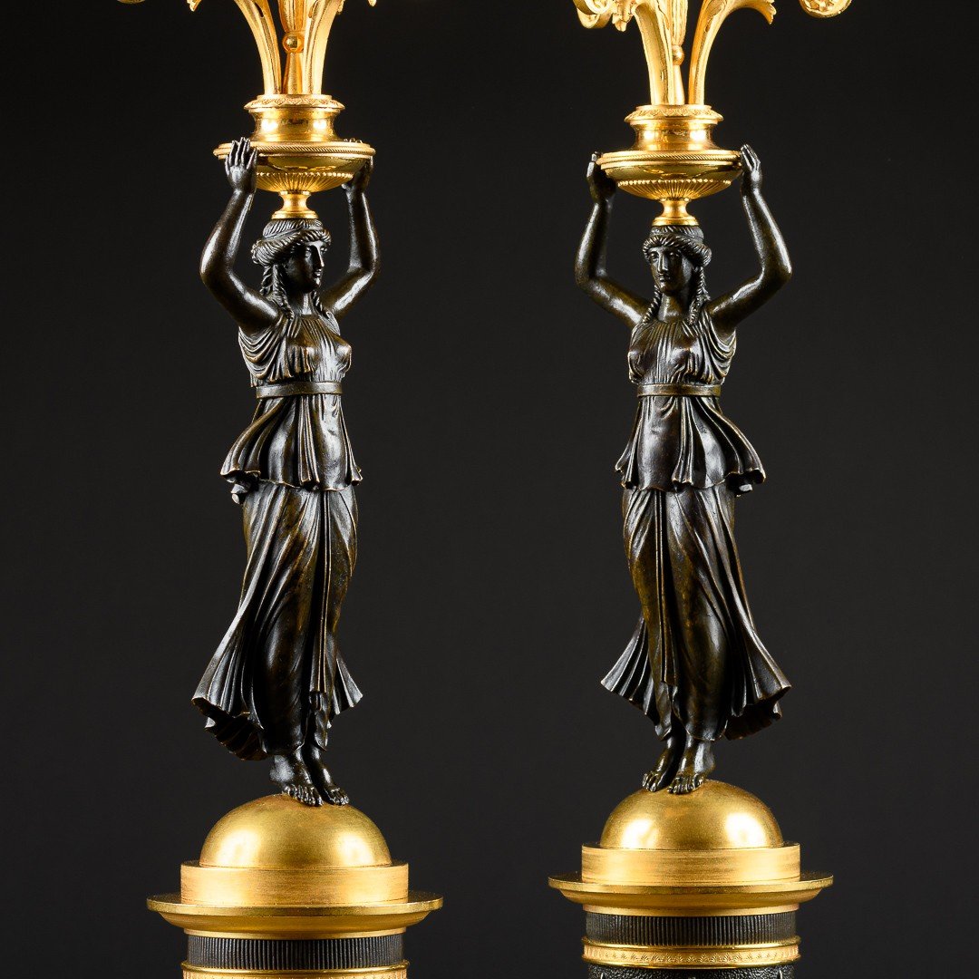 Claude Galle - Large Rare Pair Of Early Empire/cunsolat Period Candelabra With Caryatids -photo-1