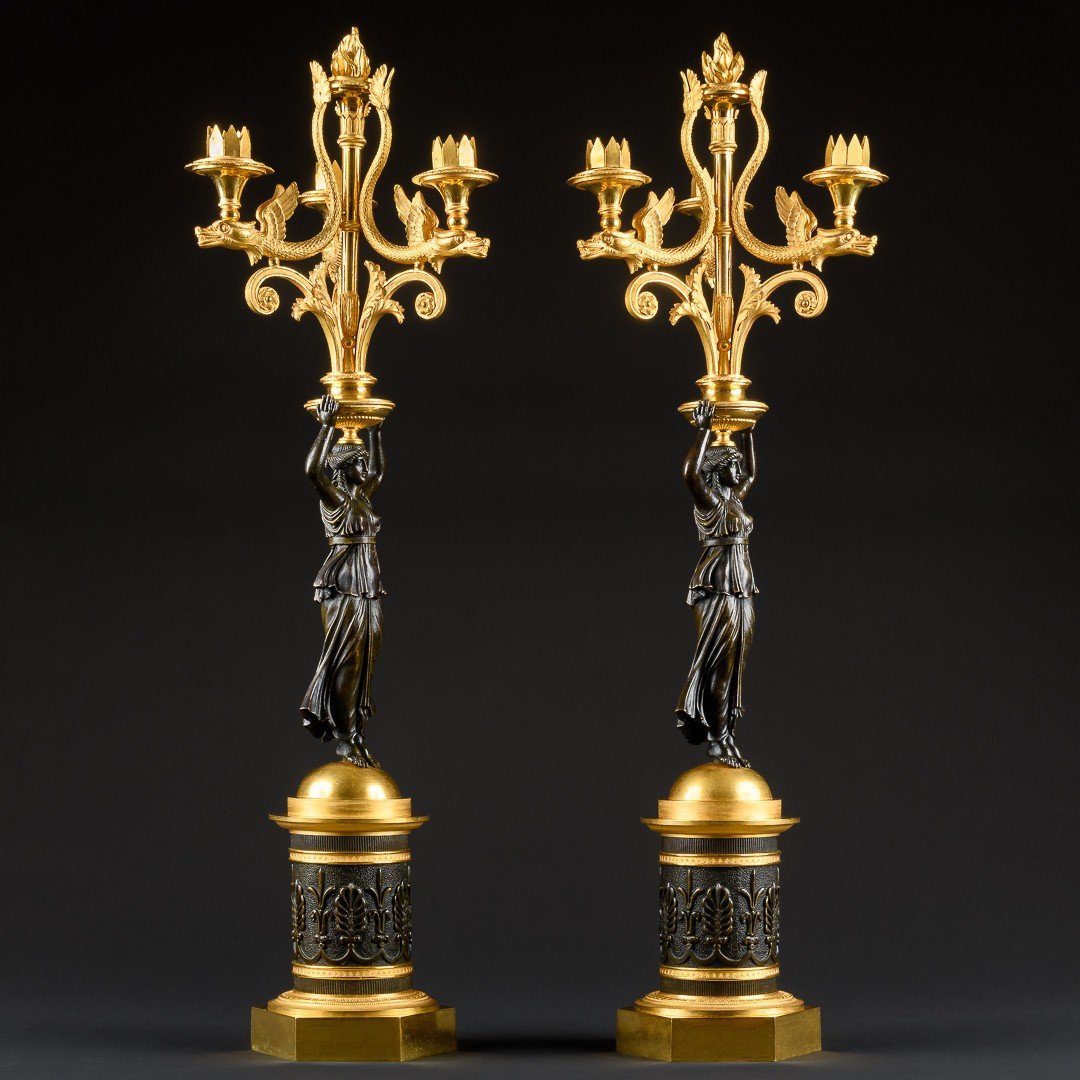Claude Galle - Large Rare Pair Of Early Empire/cunsolat Period Candelabra With Caryatids -photo-2