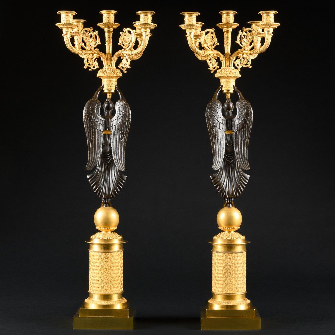 Pierre - Philippe Thomire - Spectaculaire Paire De Candélabres Empire Avec Victoires  -photo-4