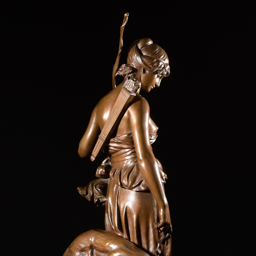 Grande Sculpture En Bronze “ Nymphe De Diane ” Signée Eugène Aizelin - H : 81 Cm-photo-7