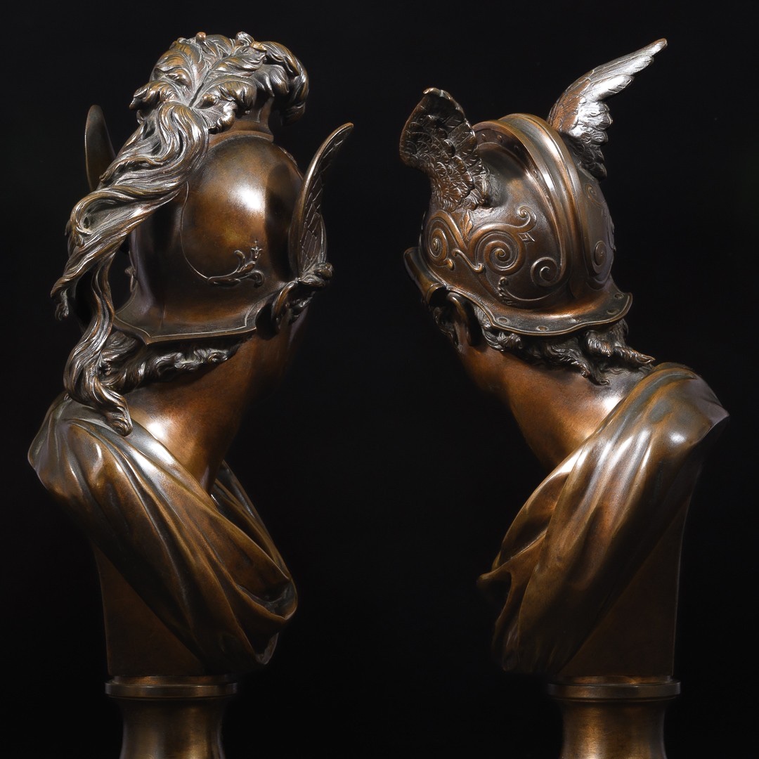 Mythological Pair Of Patinated Bronze Busts “ Mars And Mercury ”-photo-2