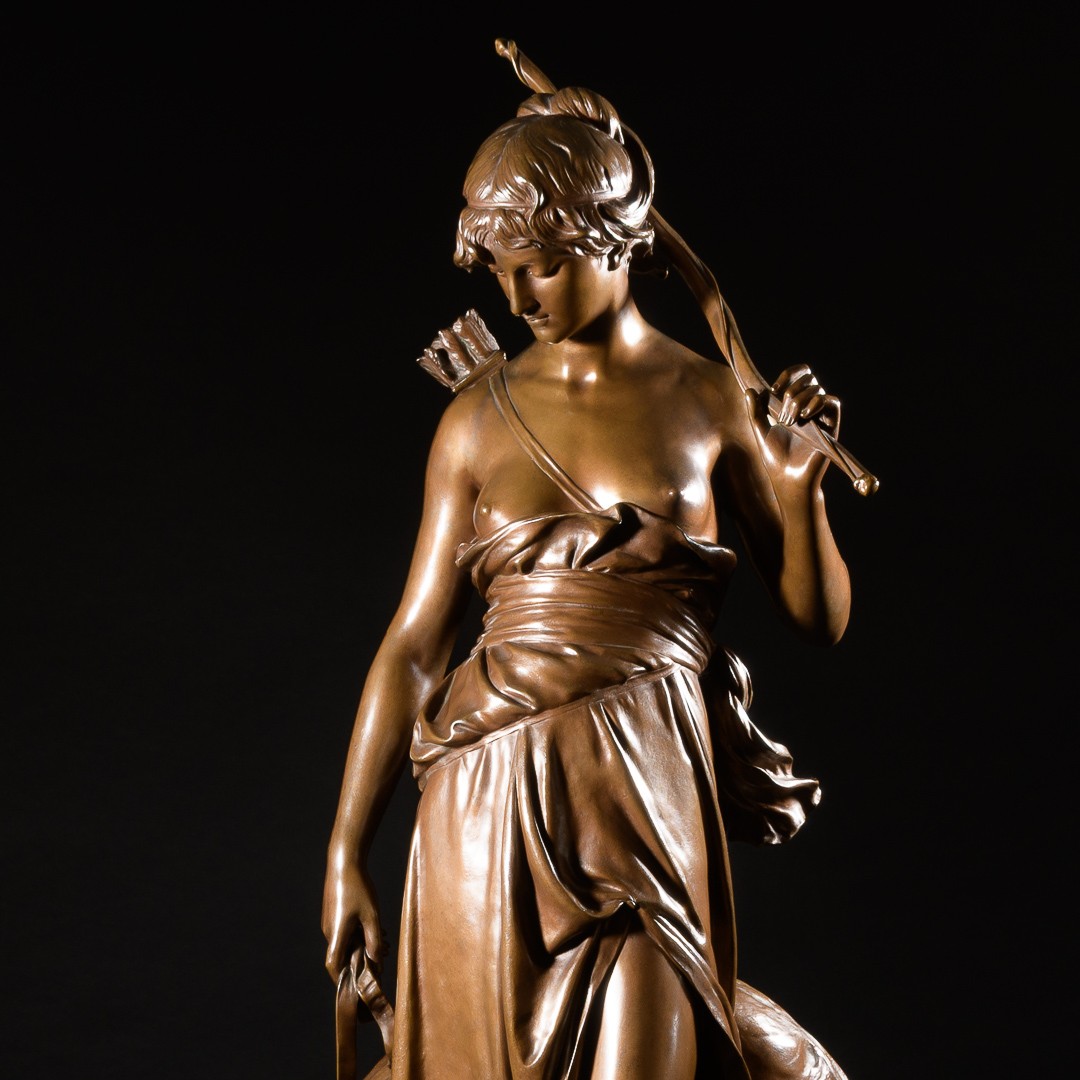 Grande Sculpture En Bronze “ Nymphe De Diane ” Signée Eugène Aizelin - H : 79 cm-photo-2