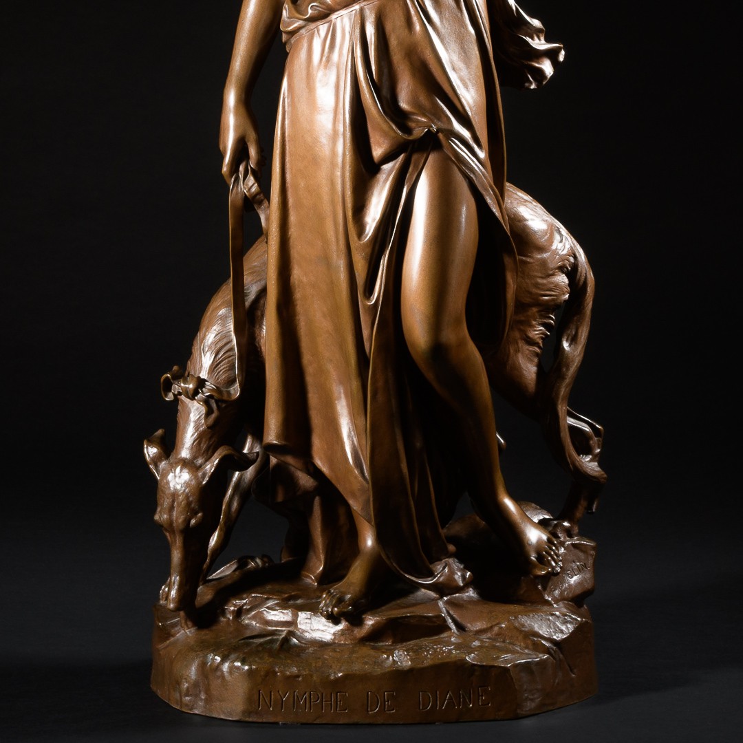 Grande Sculpture En Bronze “ Nymphe De Diane ” Signée Eugène Aizelin - H : 79 cm-photo-3