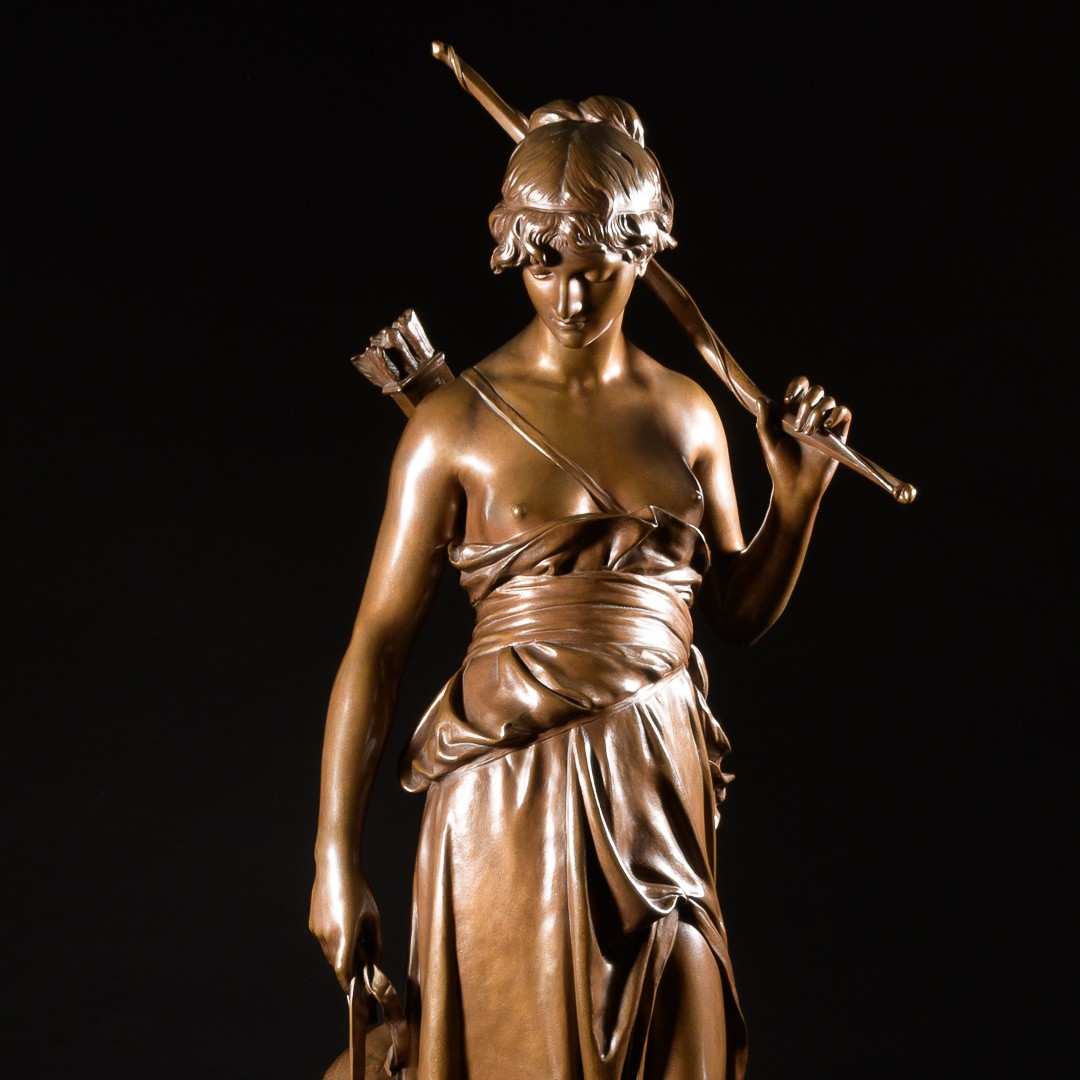 Grande Sculpture En Bronze “ Nymphe De Diane ” Signée Eugène Aizelin - H : 79 cm-photo-1