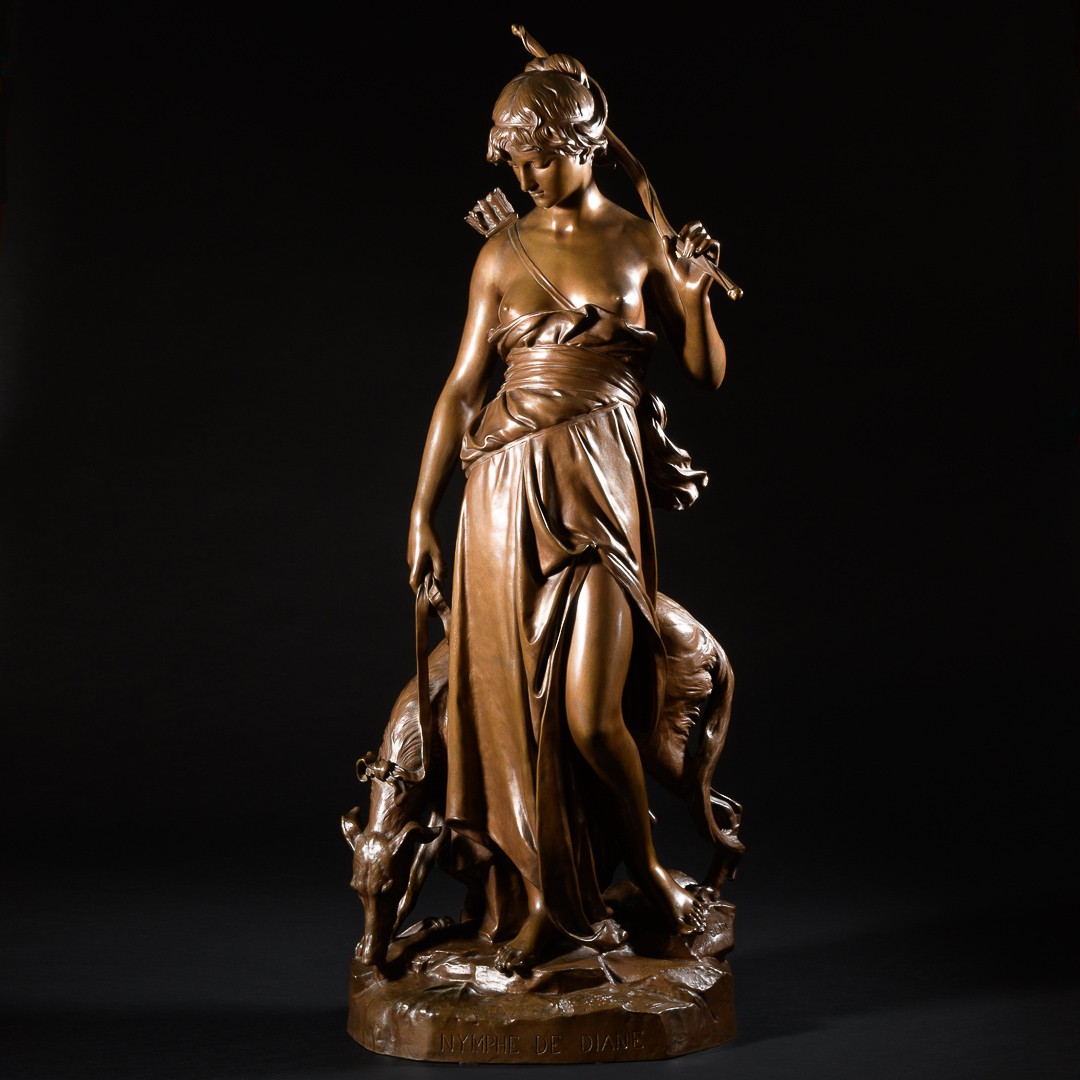 Grande Sculpture En Bronze “ Nymphe De Diane ” Signée Eugène Aizelin - H : 79 cm