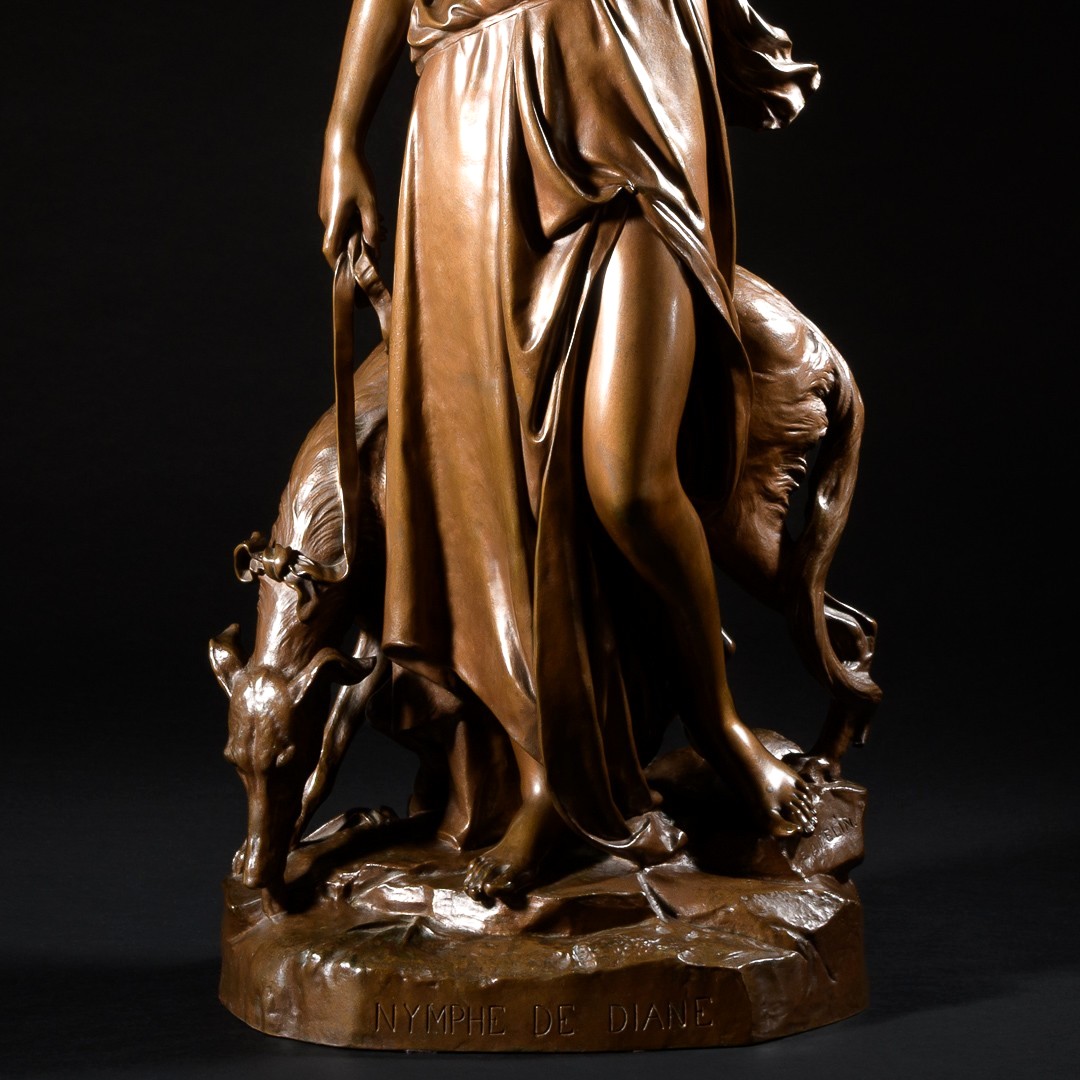 Grande Sculpture En Bronze “ Nymphe De Diane ” Signée Eugène Aizelin - H : 79 cm-photo-3