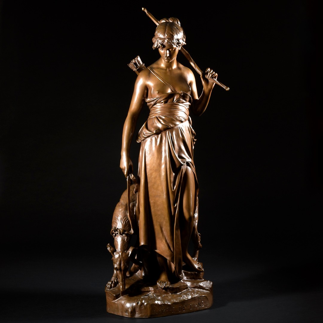Grande Sculpture En Bronze “ Nymphe De Diane ” Signée Eugène Aizelin - H : 79 cm-photo-4
