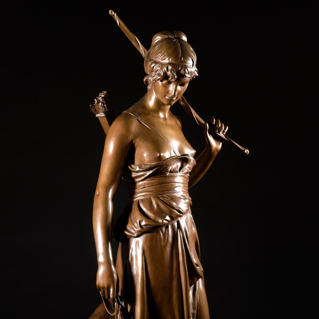 Grande Sculpture En Bronze “ Nymphe De Diane ” Signée Eugène Aizelin - H : 79 cm-photo-2