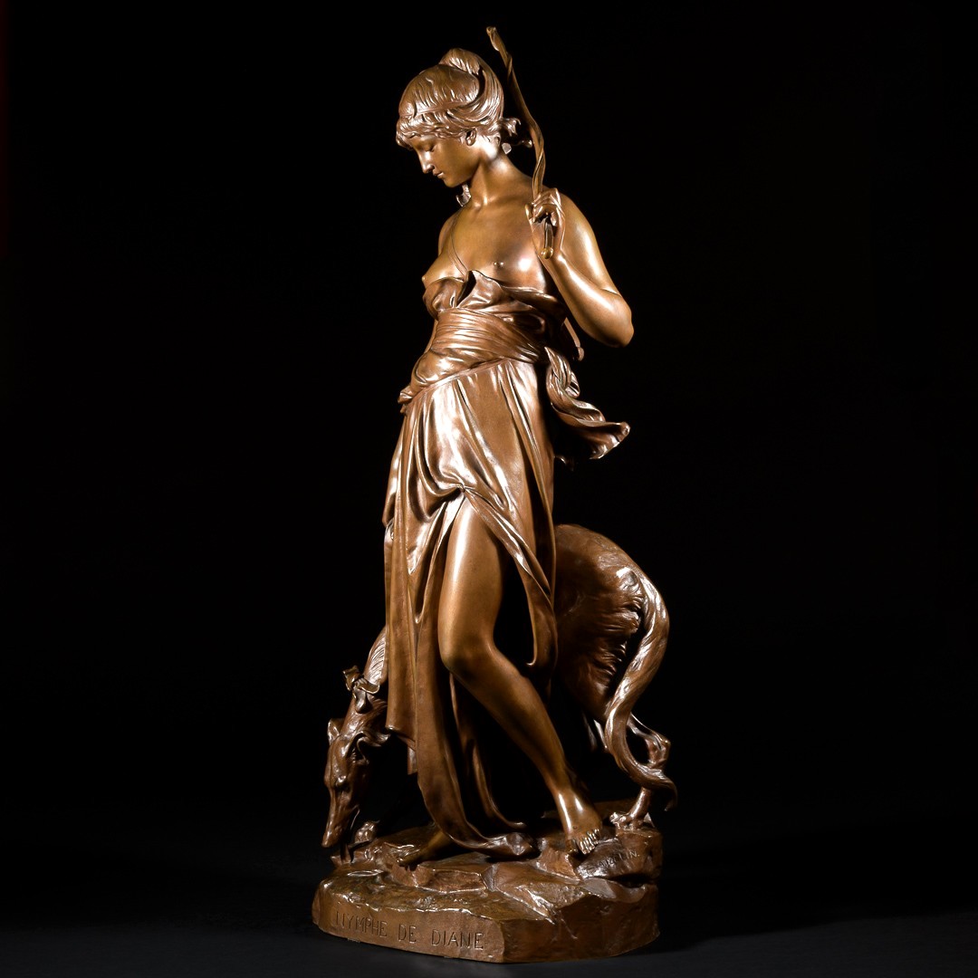 Grande Sculpture En Bronze “ Nymphe De Diane ” Signée Eugène Aizelin - H : 79 cm-photo-3