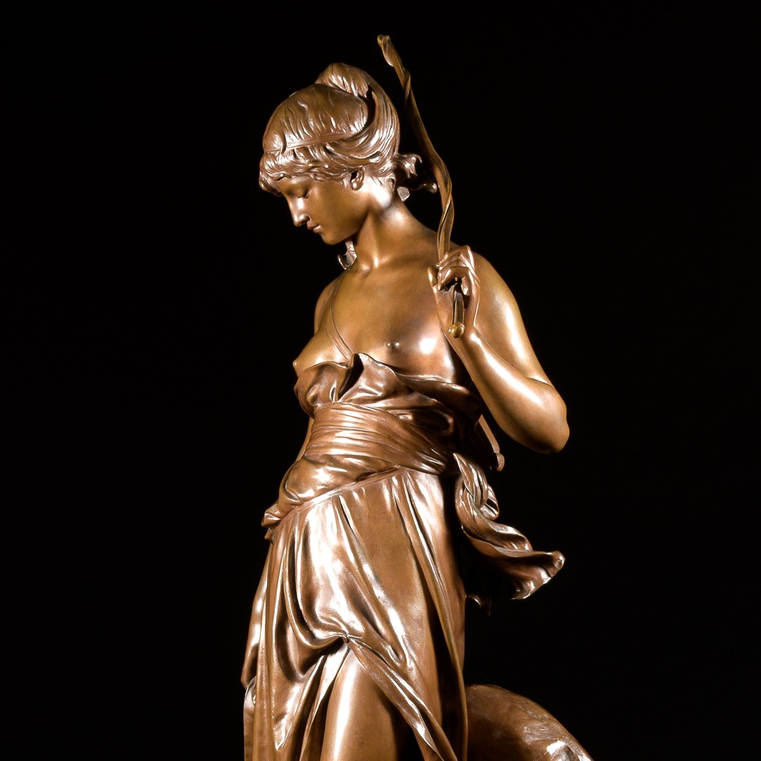 Grande Sculpture En Bronze “ Nymphe De Diane ” Signée Eugène Aizelin - H : 79 cm-photo-4