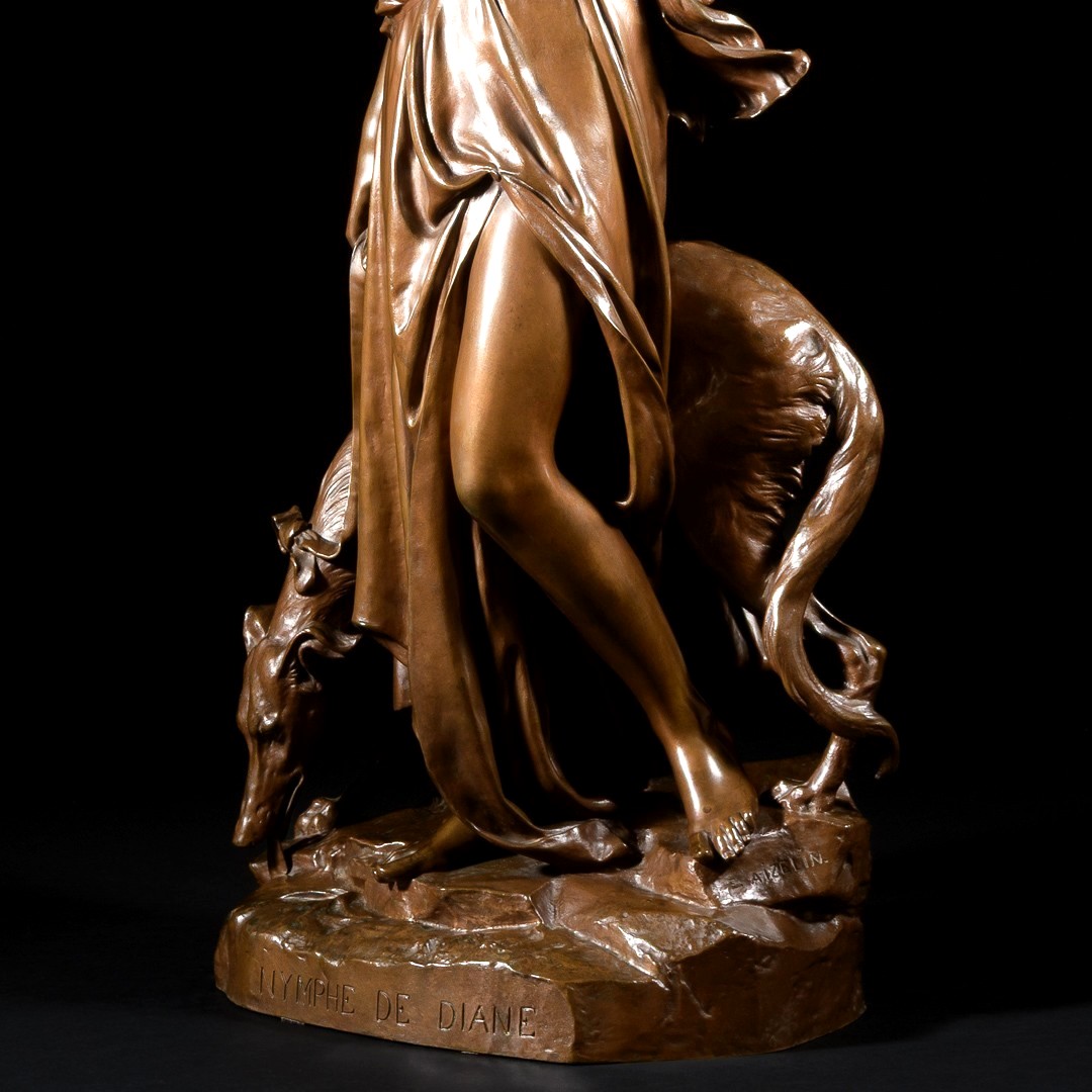 Grande Sculpture En Bronze “ Nymphe De Diane ” Signée Eugène Aizelin - H : 79 cm-photo-5