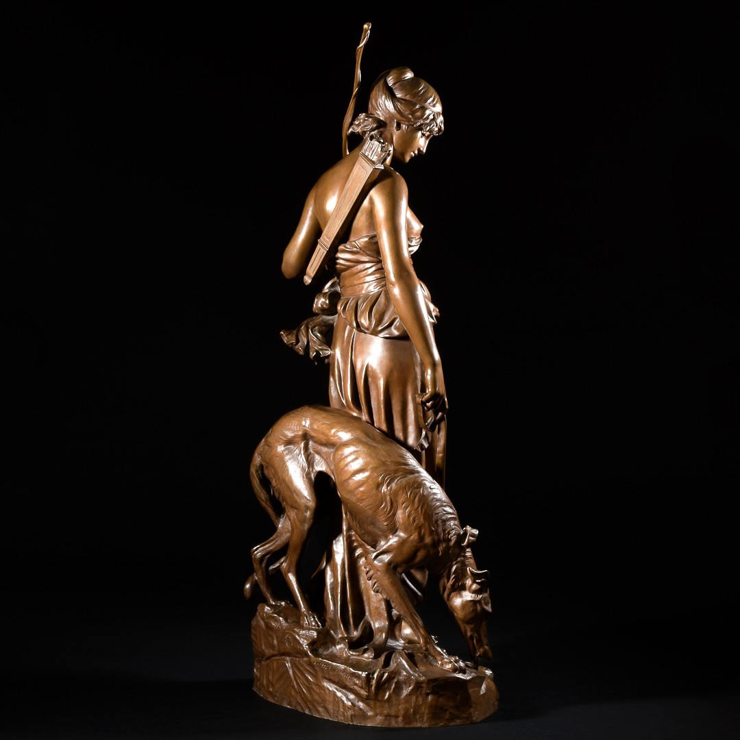 Grande Sculpture En Bronze “ Nymphe De Diane ” Signée Eugène Aizelin - H : 79 cm-photo-6
