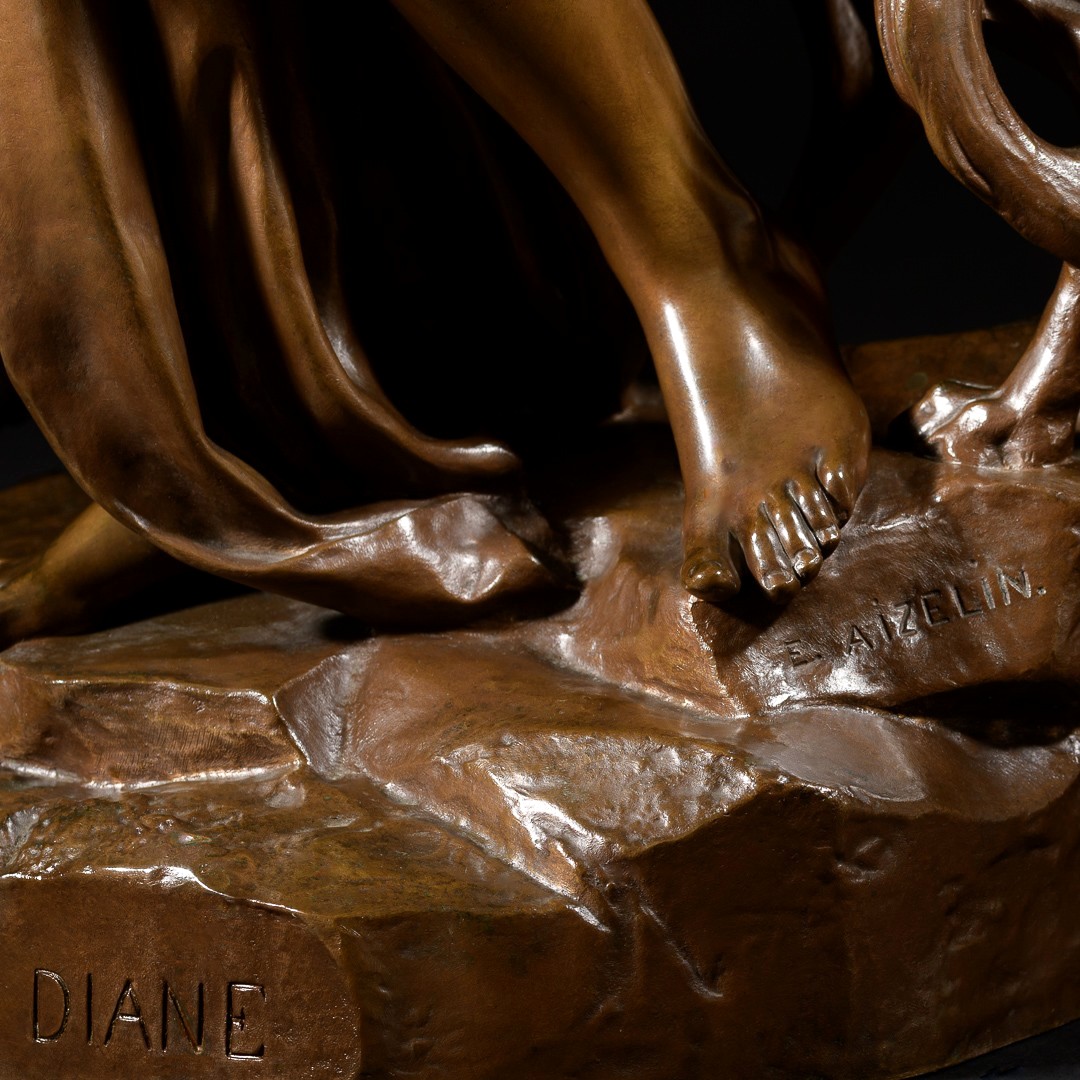 Grande Sculpture En Bronze “ Nymphe De Diane ” Signée Eugène Aizelin - H : 79 cm-photo-7