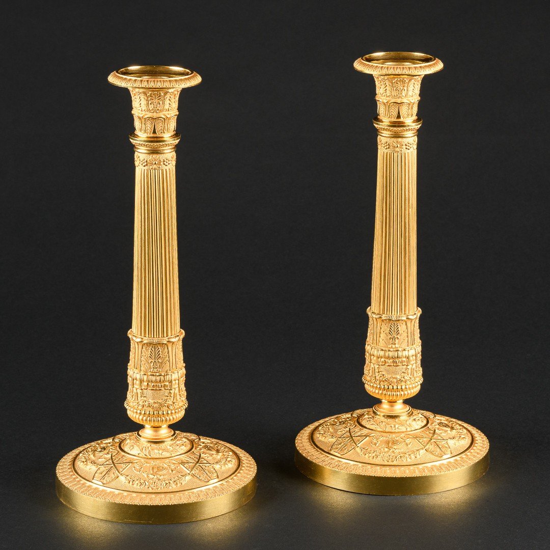 Signed Galle - Very Rare Large Pair Of French Empire Candlesticks -photo-2