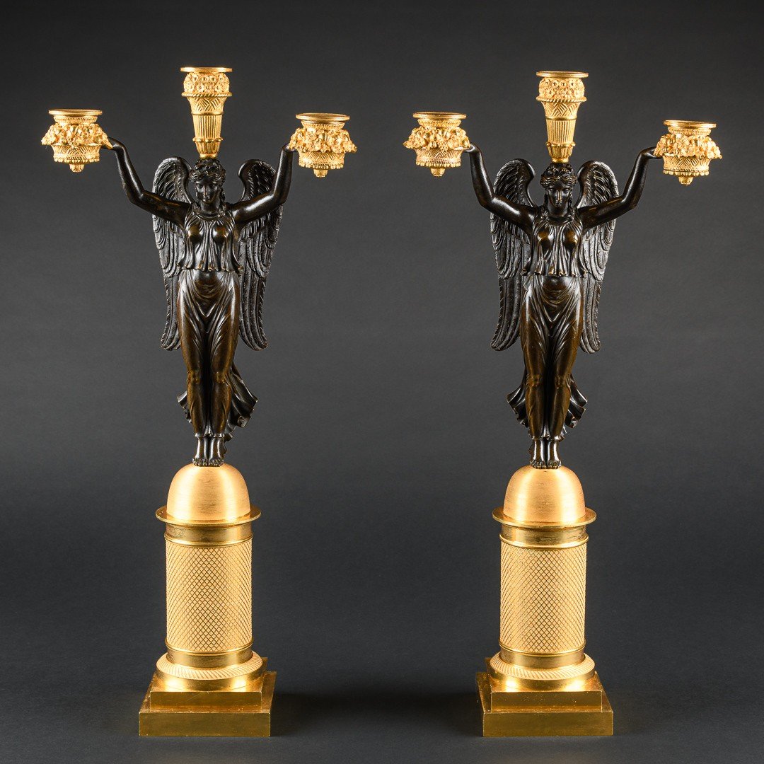 Pierre-philippe Thomire - Spectacular  Pair Of Empire Period Candelabra With Winged Victories Signed By Claude François Rabiat